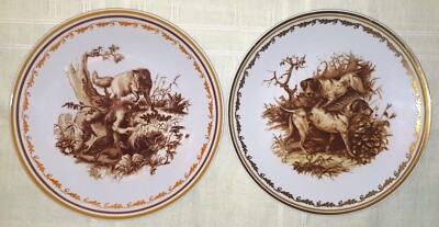 2 Teller Lichte Fine China Porzellan, Wild- und Jagdmotiv, 1960er , Ø 19 cm