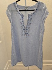 HIHO Tortola BVI Striped Linen Embroidered Tunic Shift Rachel Sun Dress Resort M