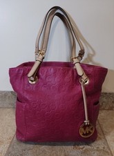 Michael Kors Large Magenta Pink Leather MK Logo Tote Double Handle Travel Bag