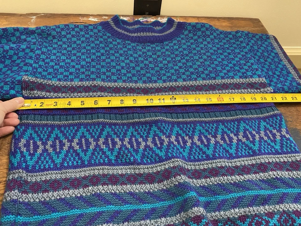 Nomadic Traders Cali Wool Stripe Diamond  Turquoise Blue Purple Sweater L - Image 4 of 4