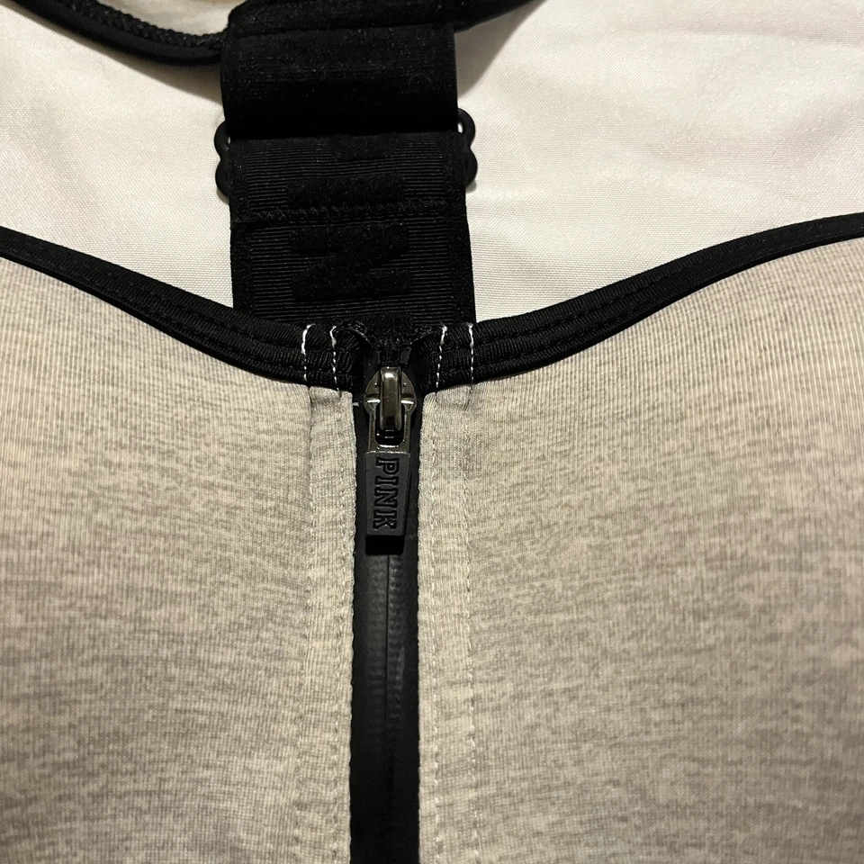 PINK VS Ultimate Front Zip Push Up Athletic Sports Bra Grey/Black XS Racerback - Image 3 of 4