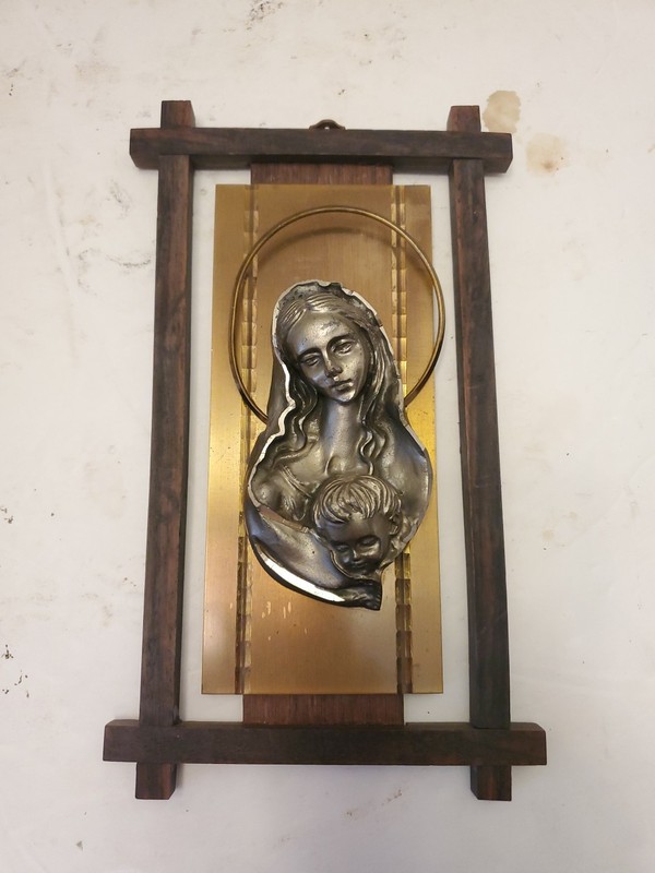 Vtg Madonna & Child Pewter Relief Bust Brass Back Wooden Frame Mcm