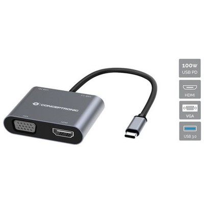Conceptronic docking station 4 in 1 DONN16G, USB-C 3.2 Gen 1, HDMI 4K, VGA 1080p