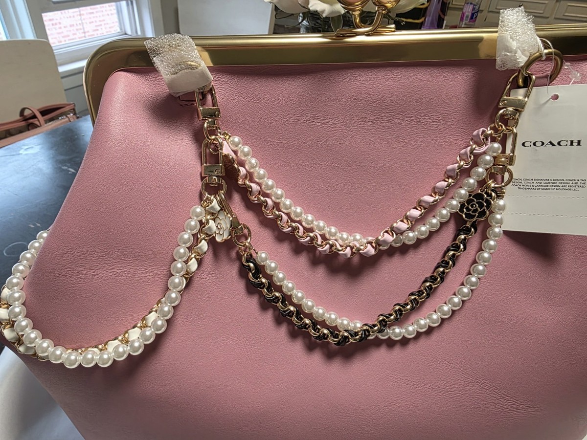 COACH Pink Kiss Lock Clutch w/ Pearl Chain, Bag Charm & Original