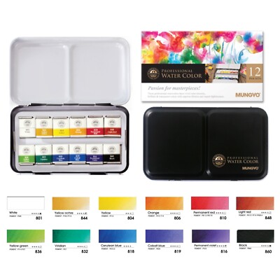 MUNGYO Professional Half Pan Size Watercolor Set of 12 Colors MWPH-12