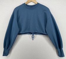 ZARA Sweatshirt Womens M Fleece Lined Jumper Cropped Cinched Pullover Blue