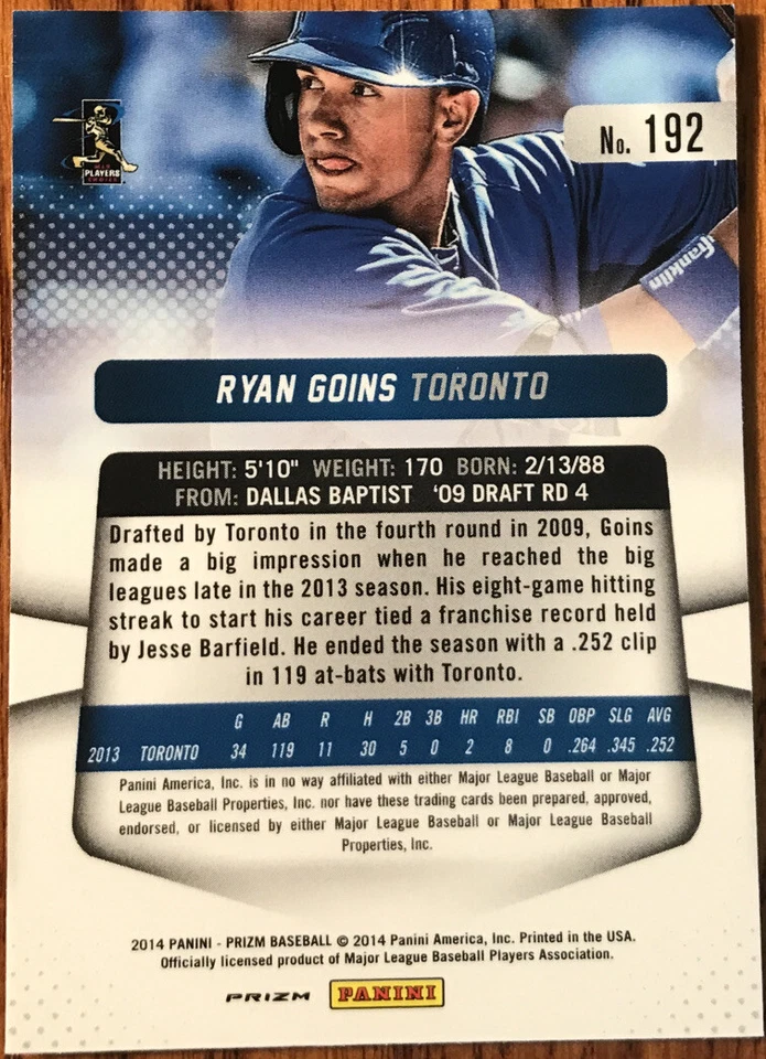 2014 Panini Prizm Prizms Red White & Blue Pulsar Rookie Ryan Goins #192 - Image 2 of 2