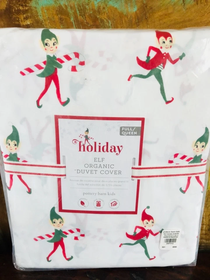 Edredón Pottery Barn Kids FULL QUEEN algodón elfo 2 fundas Ho Ho Ho almohada Navidad Foto 3 de 4