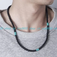 Natural 8mm Black Lava&5×8mm Blue Turquoise Gemstone Beads Necklace 24-36"
