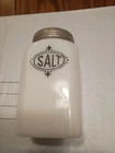 Vintage Hazel Atlas Salt Shaker White Milk Glass Black Lettering Art Deco Style