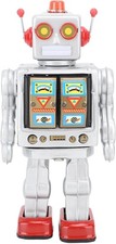 Retro Tin Robot Toy, Walking Rotating Gun Fire Sound Exquisite Silver Color