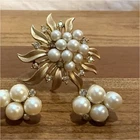 Signed Trifari Vintage Gold & White Pearl Brooch Clip-On Earrings Jewelry Set