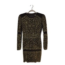 XSCAPE $220 Black Long Sleeve Gold Bead Embellished Bodycon Mini Dress Size 2