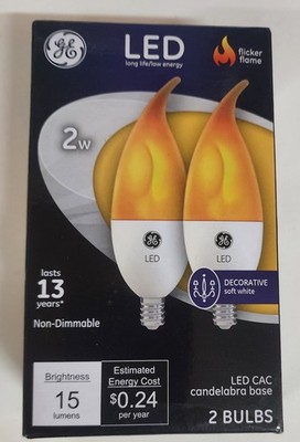 GE Led CAC Candelabra Base 2 Watt Flicker Flame Decorative Soft White NIB