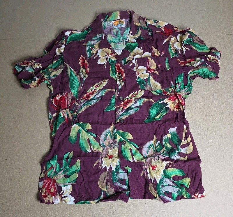 VTG 70s Kennington Ltd California Mens M Hawaiian Shirt Leaves & Flowers Mauve