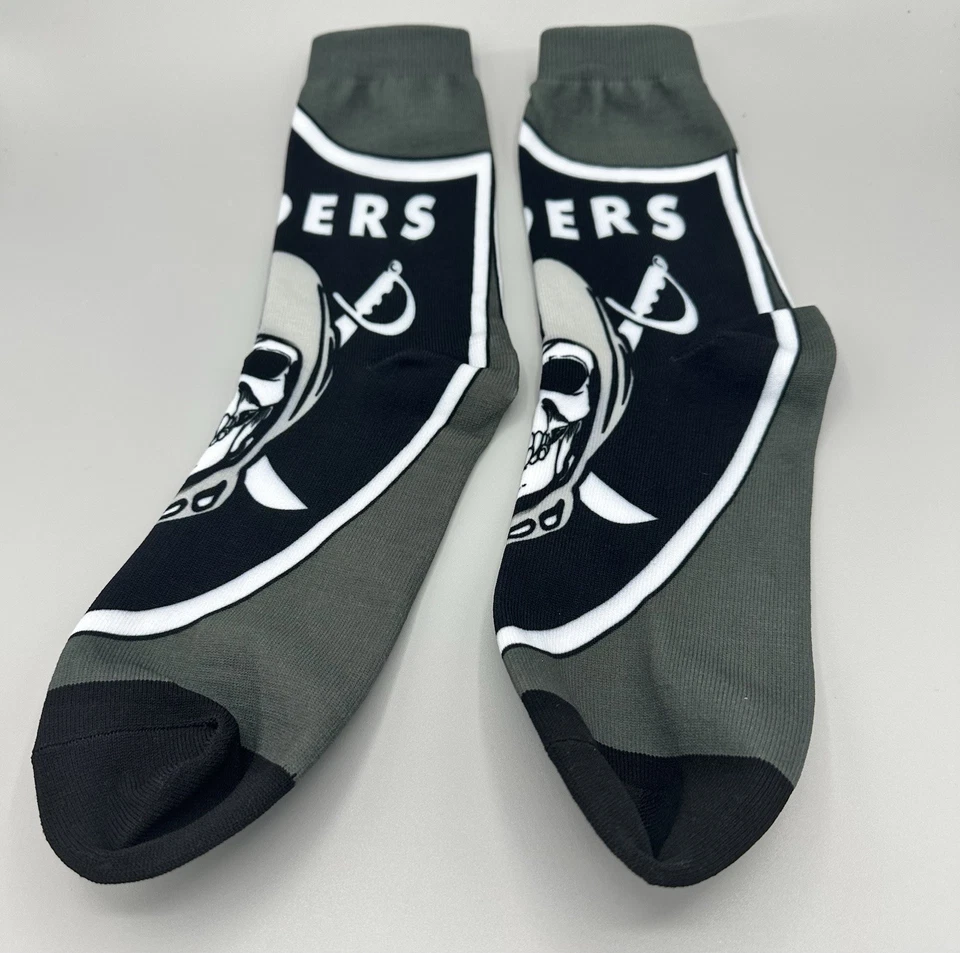 Las Vegas Oakland Raiders Men Crew Socks Black Gray Skull Logo NFL Football - Image 3 of 3