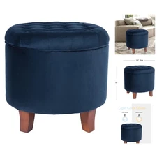 Navy Velvet Round Tufted Ottoman with Wood Legs - Perfect Foot Rest & Storage