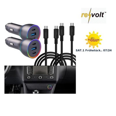 revolt 2x 135 W Kfz-USB Ladegerät 12/24V. 2x USB-C-Silikon-Ladekabel 2 m