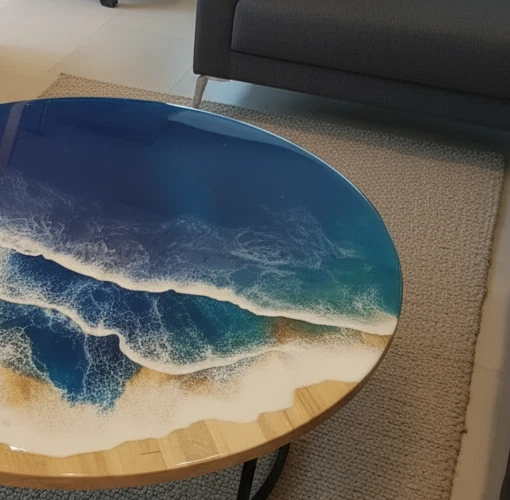 Handmade Ocean Epoxy Resin Table Top – Glossy Blue Sea Waves, Artistic Furniture - Image 2 of 4