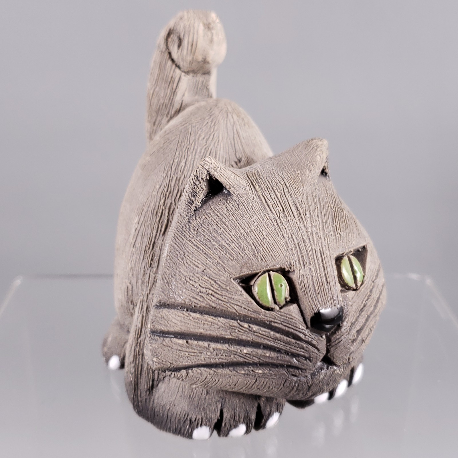 Artesania Rinconada Uruguay Green-Eyed Cat Ceramic Figurine Signed Pottery