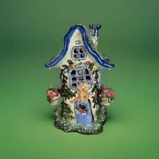 2001 Kimberley Designs Candle Votive Tea Light Cottage House w Cat & Flowers 10”