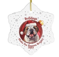 2023 English Bulldog Dog Pup Santa Hat Ceramic Snowflake Christmas Ornament