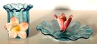 Vtg Royal Embassy Ware Venetian Glass Blue & Pink Floral Ashtray + Cup Set Italy