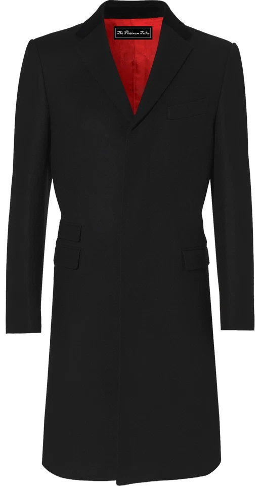 Mens Black Wool Long Covert Overcoat Warm Winter Mod Cashmere Coat Velvet Collar - Image 2 of 4