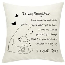 Gift from Mom Dad, Decorative Linen Cushion Cover, Funny Embrace Bear Daughter