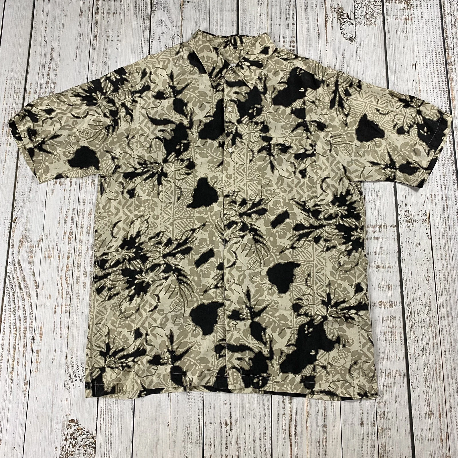 VTG FIRETHORN 100% SILK MENS HAWAIIAN BUTTON UP SHIRT BLACK BEIGE HIBISCUS SZ L