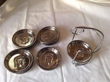 MidCentury Stacking Coasters Silver Black Lustreware Toned Glass Silver Holder
