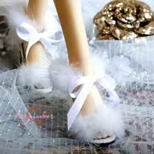 1/3SDGR/13 BJD Shoes Doll Sandal High Heels Stilettos Cony Fur Ribbon AOD White