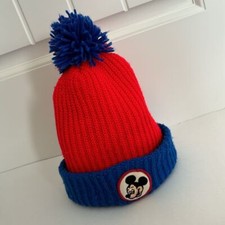 Rare Vintage Walt Disney Red White Blue Mickey Mouse Patch Knit Beanie Hat Pom