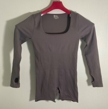 Ribbed Long-Sleeve Gray Bodysuit With Thumbholes Nylon Spandex