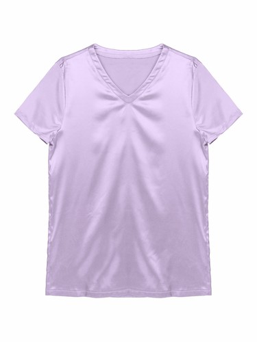 Men's Women Satin T-Shirts V Neck Short Sleeve Soft Loose Pajamas Tops Nightwear - Picture 56 of 66