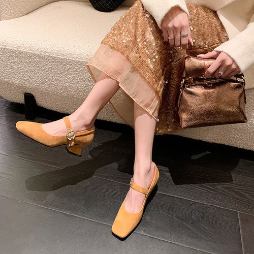 French Women's Spring Summer Sheepskin Suede Mary Jane Fashion Square Toe Shoes - Picture 13 of 27