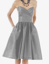 Alfred Sung Dress Size 4 Strapless Pewter Gray Fit & Flare Silk Dupioni pockets
