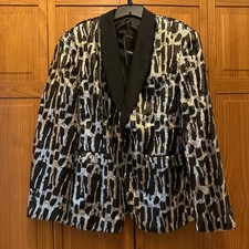 Men  s Shiny Sequin Blazer Jacket Black Silver One Button Large