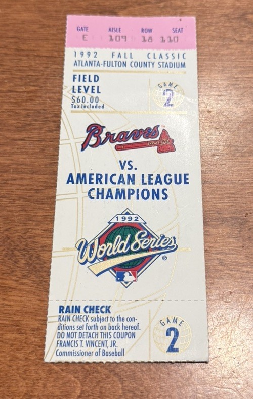 World Series Game 2 1992 Blue Jays Braves MLB Ticket Stub