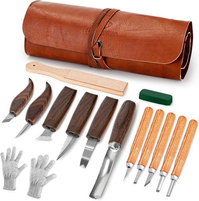 Wood Carving Tools, 15-Piece Wood Carving Set with PU Storage Bag, Wood Carving