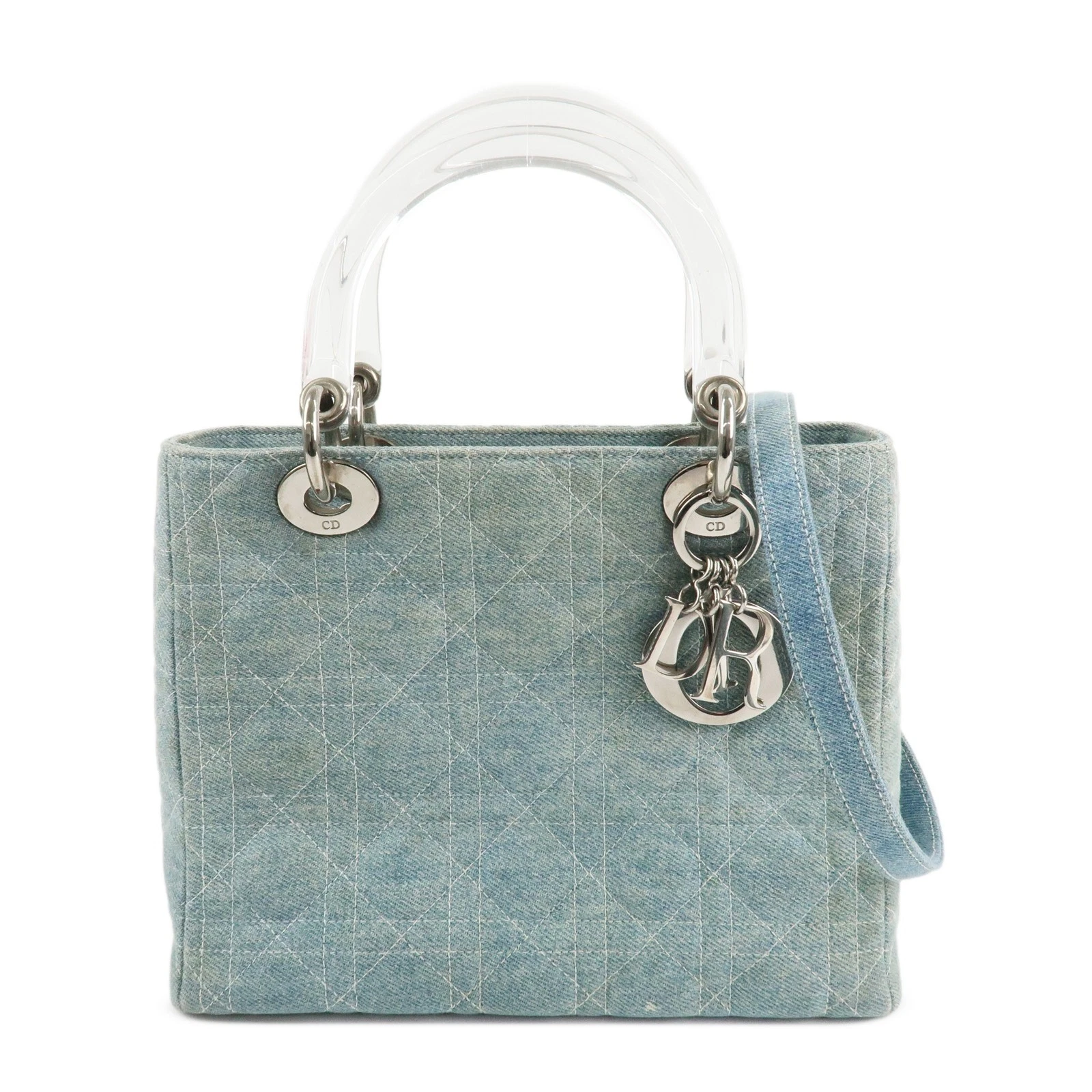 Authentique sac bandoulière Christian Dior Lady Dior denim 2 voies bleu clair occasion F/S