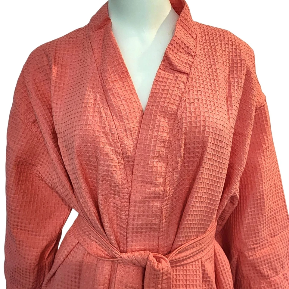 Chakir Turkish Linen Robe Short Lightweight Waffle Knit Bath Spa Kimono Salmon - Image 2 of 4