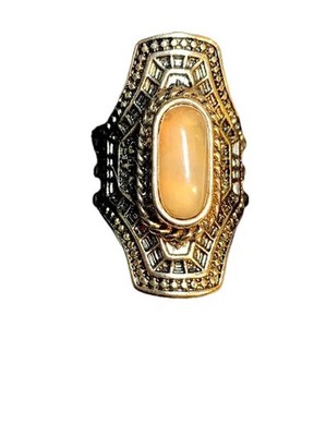 Bronze Finger Ring With Butterscotch Stone. Sz 7. Nice Detail.