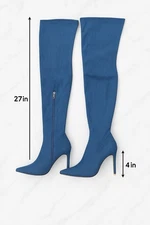 Denim Thigh High Stiletto Boots for Women, Pointed Toe, Zip Closure, Size 7