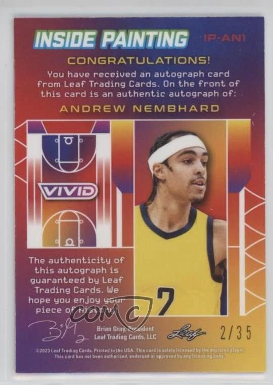 2022 Leaf Vivid Inside Painting Red /35 Andrew Nembhard #IP-AN1 Rookie Auto RC - Image 2 of 2