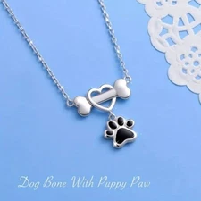 Silver Paw Print & Dog Bone Pendant Necklace Puppy Fashion Heart Adjstble Enamal
