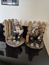Vintage Emmett Kelly Jr. Porcelain Clown Figurine Pair Bookends Waiting By Fence
