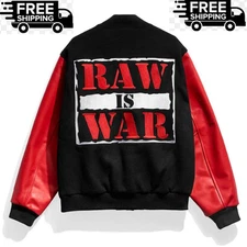 Raw is War Varsity Wool Jacket Black and Red with real leather arms, Free Ship
