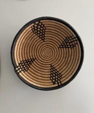 African Basket Rwanda Woven Sisal Sweet Grass Bowl Hang Blue Tan 12"