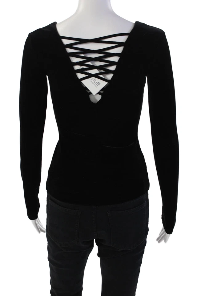 Bailey 44 Womens Velvet Lace Up Long Sleeve Pullover Blouse Top Black Size XS - Image 3 of 4